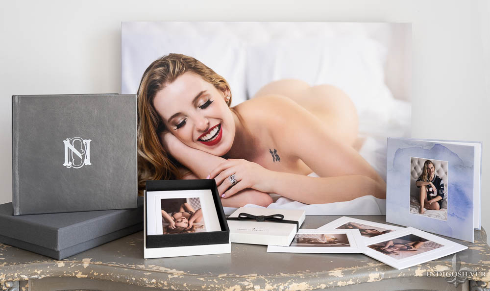 boudoir products showing canvas wall portrait image box portrait album and folio