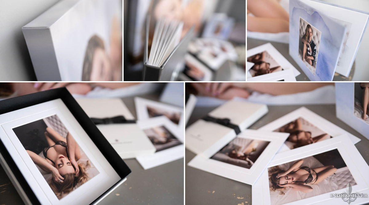 boudoir products showing canvas wall portrait image box portrait album and folio