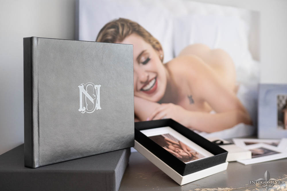 closeup of little black book in graphite pearl leather with custom monogram